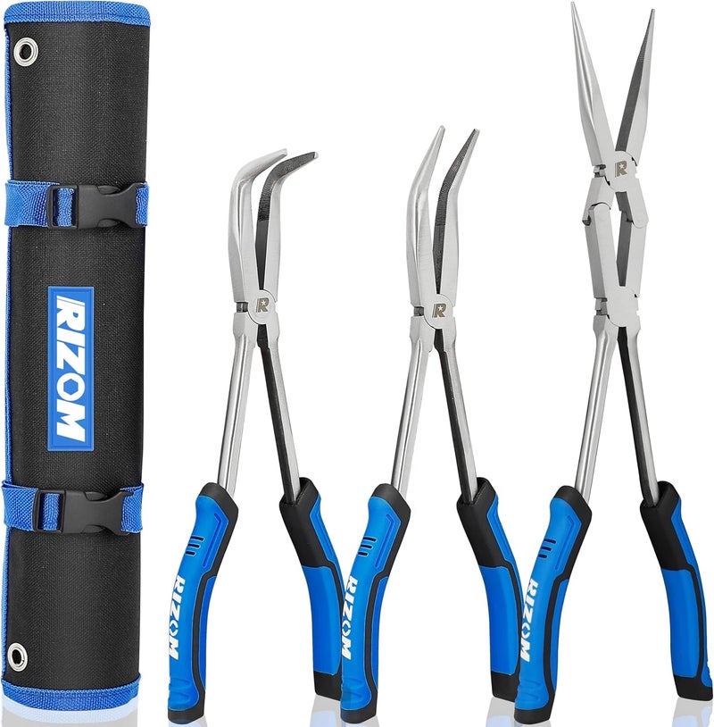 Rizom 3-Piece Long Reach Pliers Set, 13 Inch Double Jointed Long Needle Nose Pliers, 11 Inch 45° & 90° Bent Nose Pliers for Narrow Spaces and Limited Areas - Image 1
